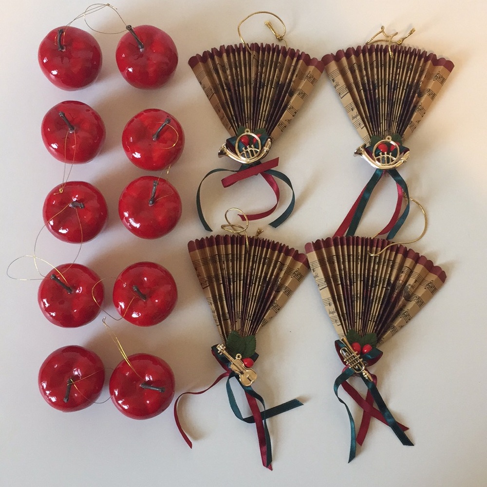 Lot Of Vintage Christmas Ornaments Apples and Fans